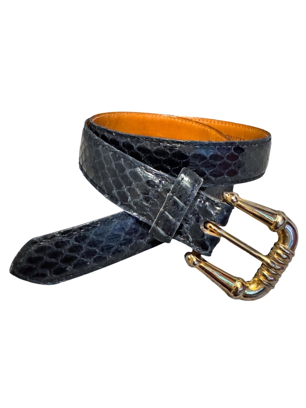 VTG Saks Fifth Avenue Genuine Snakeskin Skinny Belt Med 9542 Navy Blue Gold